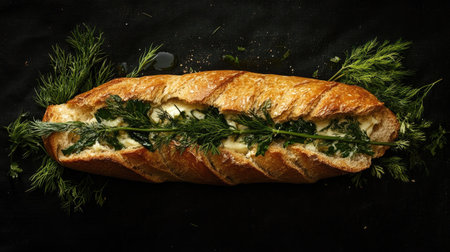 A warm baguette sliced open to reveal garlic butter and herbs inside, with rosemary and dill arranged artisticallyの素材