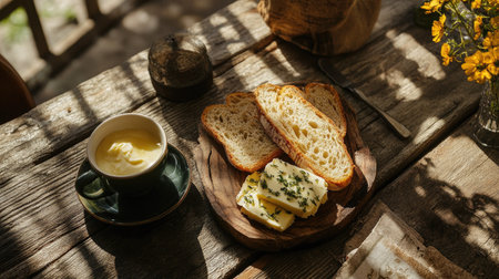 A rustic breakfast scene featuring slices of garlic and herb baguette, served with butter and a hot cup of coffeeの素材