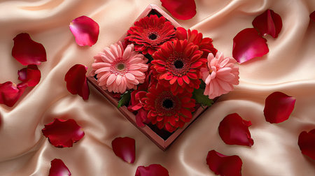 A romantic-themed gift box decorated with fresh red gerberas and pink carnations, surrounded by rose petals on a silk surfaceの素材