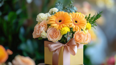 A small elegant gift box tied with a velvet ribbon, topped with a cluster of fresh yellow gerberas and peach carnationsの素材