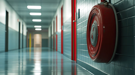 A safety corner featuring a red fire extinguisher and a fire hose reel in a commercial building hallwayの素材