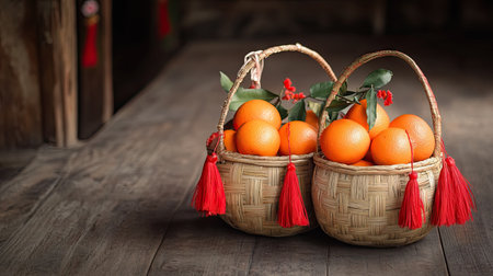 A pair of rattan baskets filled with oranges and decorated with red tassels, placed on a wooden floor for the celebrationの素材