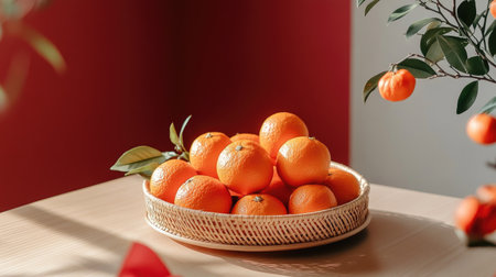 A modern Chinese New Year setup with a rattan basket of oranges as a centerpiece, accented by minimalist decorationsの素材