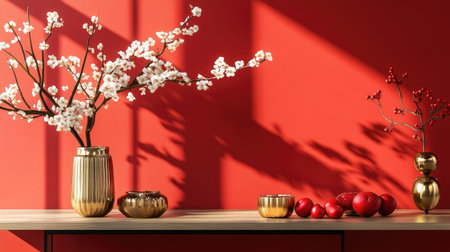 A modern Chinese New Year display featuring peach blossoms on a minimalist table with golden accents and festive ornamentsの素材