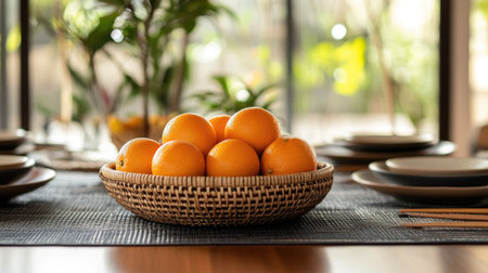 A modern Chinese New Year setup with a rattan basket of oranges as a centerpiece, accented by minimalist decorationsの素材