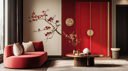 A modern take on Chinese New Year decor with minimalist red and gold accents, featuring traditional symbols in a contemporary styleの素材