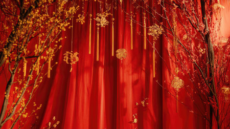A red silk backdrop adorned with golden Chinese characters and decorations for a traditional New Year celebrationの素材