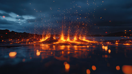 A striking long-exposure shot of lava flows from a volcano at night, with sparks and glowing embers flying into the skyの素材