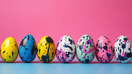 A modern take on Easter eggs, featuring bold, abstract splatter designs against a contrasting backgroundの素材