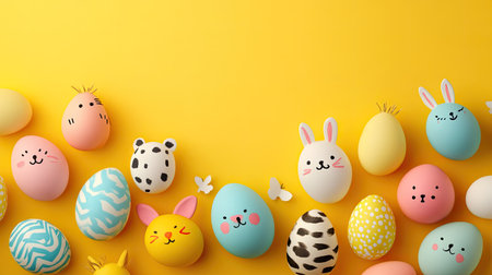 A playful composition of Easter eggs adorned with cute animal faces, set against a cheerful yellow backgroundの素材