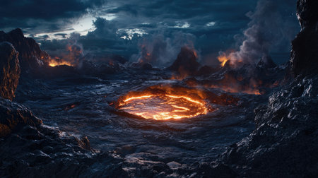 A mesmerizing shot of a glowing lava lake at the top of a volcano, surrounded by dark, rocky landscapes at nightの素材