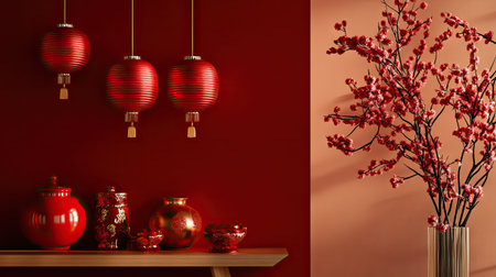 A modern take on Chinese New Year decor with minimalist red and gold accents, featuring traditional symbols in a contemporary styleの素材