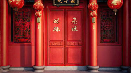 A red door adorned with Chinese New Year couplets and golden decorations symbolizing good fortune and happinessの素材