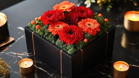 A luxurious gift box in black and gold, adorned with fresh red carnations and orange gerberas, surrounded by small candlesの素材