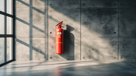 A minimalist interior design featuring a red fire extinguisher as a safety element on a gray industrial-style wallの素材