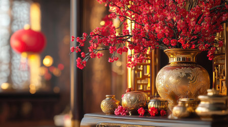 A luxurious Chinese New Year setup with gold ornaments, red flowers, and an ornate vase filled with blooming cherry blossomsの素材