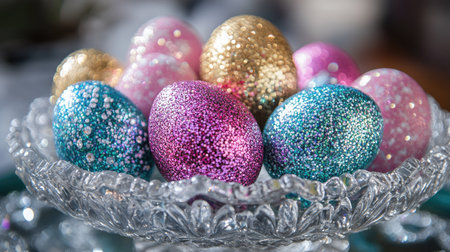 Easter eggs decorated with shimmering glitter and rhinestones arranged in an ornate crystal bowlの素材