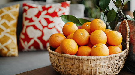 A stylish modern take on Chinese New Year decor, featuring a rattan basket of oranges with contemporary red and gold accentsの素材