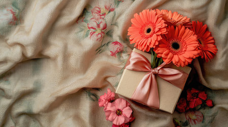 A romantic gift box tied with a silk ribbon and topped with fresh red gerberas and pink carnations, placed on a textured fabric backgroundの素材