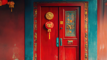 A red door adorned with Chinese New Year couplets and golden decorations symbolizing good fortune and happinessの素材