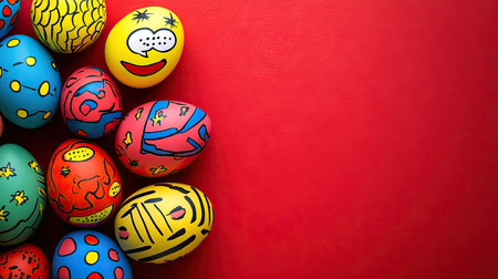 A playful setup of Easter eggs painted with comic-style speech bubbles and vibrant colors, arranged on a bold red backgroundの素材
