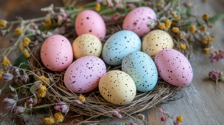 A nest filled with speckled Easter eggs placed on a rustic wooden table adorned with dried flowersの素材