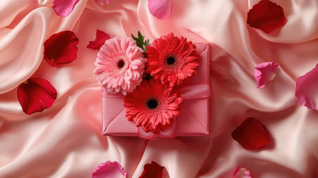 A romantic-themed gift box decorated with fresh red gerberas and pink carnations, surrounded by rose petals on a silk surfaceの素材