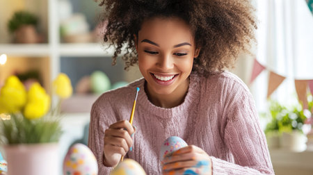 A young woman smiling as she dips a brush into pastel paint, ready to add designs to an Easter egg, with spring decorations nearbyの素材