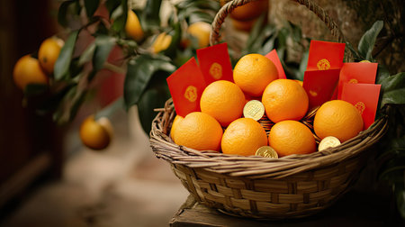 A rattan basket filled with fresh oranges, adorned with red envelopes and gold coins, symbolizing prosperity for Chinese New Yearの素材