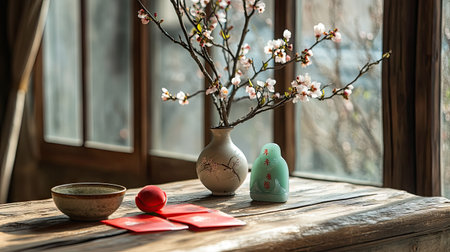 A serene setup with peach blossoms, a jade figurine, and red envelopes on a wooden table, celebrating Chinese New Year traditionsの素材