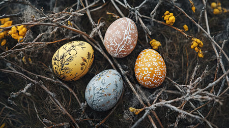 A rustic Easter theme with earthy-toned eggs painted in subtle botanical patterns surrounded by twigsの素材