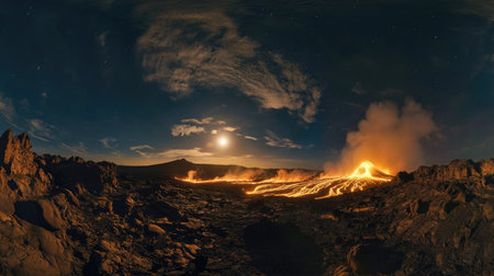 A wide-angle view of a volcanic eruption at night, showcasing bright lava flows under a smoky, ash-filled skyの素材
