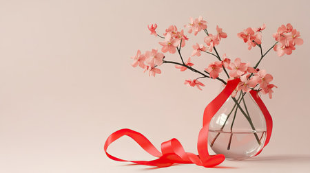 A minimalist celebration with peach blossoms in a clear glass vase, accented by red ribbons and simple festive decorationsの素材