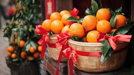 A pair of rattan baskets filled with oranges and wrapped in red ribbons, symbolizing abundance and good fortuneの素材