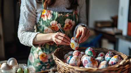 A woman wearing a floral apron, adding finishing touches to a hand-painted Easter egg, with a basket of completed eggs beside herの素材