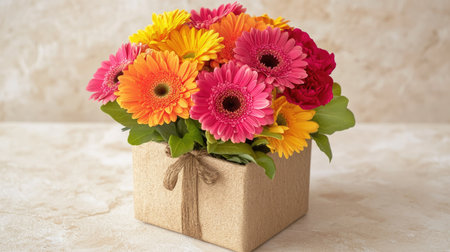 A small gift box wrapped in kraft paper and adorned with a cluster of colorful gerberas and carnations, displayed on a light backgroundの素材