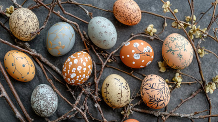 A rustic Easter theme with earthy-toned eggs painted in subtle botanical patterns surrounded by twigsの素材