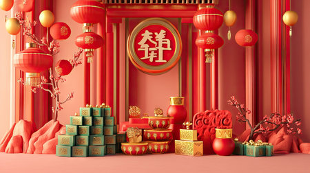 A vibrant setup of Chinese New Year decorations featuring red lanterns, gold ingots, and festive couplets against a traditional backdropの素材
