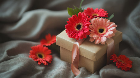 A romantic gift box tied with a silk ribbon and topped with fresh red gerberas and pink carnations, placed on a textured fabric backgroundの素材