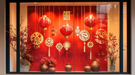 A window display decorated with hanging red paper cuttings and golden symbols for Chinese New Year celebrationsの素材
