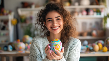 A woman happily showing a beautifully painted Easter egg to the camera, with her painting station visible in the backgroundの素材