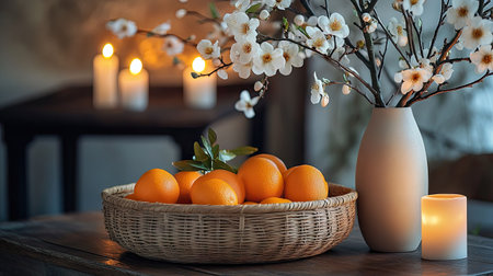 A serene and traditional scene with a rattan basket of oranges, candles, and a vase of peach blossoms for Chinese New Yearの素材