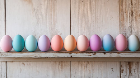 A row of Easter eggs painted with ombre color gradients displayed on a simple wooden shelfの素材