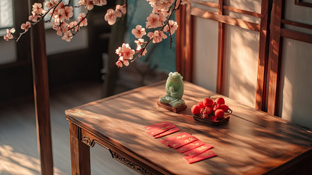 A serene setup with peach blossoms, a jade figurine, and red envelopes on a wooden table, celebrating Chinese New Year traditionsの素材