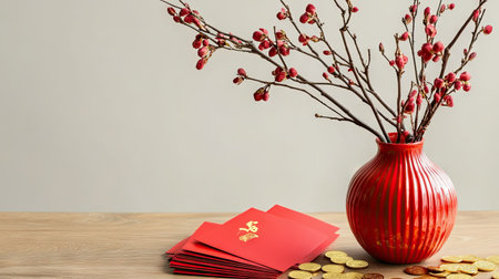 A vibrant Chinese New Year setup with blooming peach branches in a red vase, surrounded by traditional red envelopes and gold coinsの素材