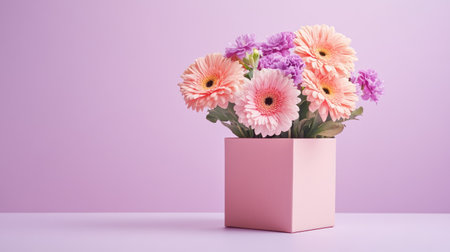 A small square gift box in pastel pink, topped with a fresh bouquet of gerberas and carnations, displayed on a soft lavender backgroundの素材