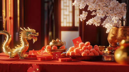 A traditional Chinese New Year display with peach blossoms, red envelopes, and golden dragon figurines on a bright red tableclothの素材