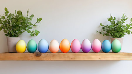 A row of Easter eggs painted with ombre color gradients displayed on a simple wooden shelfの素材