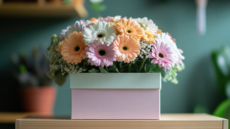 A square gift box in soft pastel hues, decorated with a fresh floral arrangement of gerberas and carnations, resting on a wooden shelfの素材