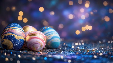 A whimsical scene of Easter eggs designed like planets in a galaxy-themed setup with glittering starsの素材